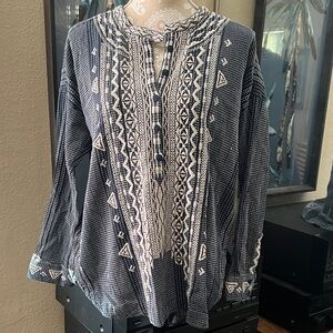 Johnny Was Navy and Cream Geometric Blouse